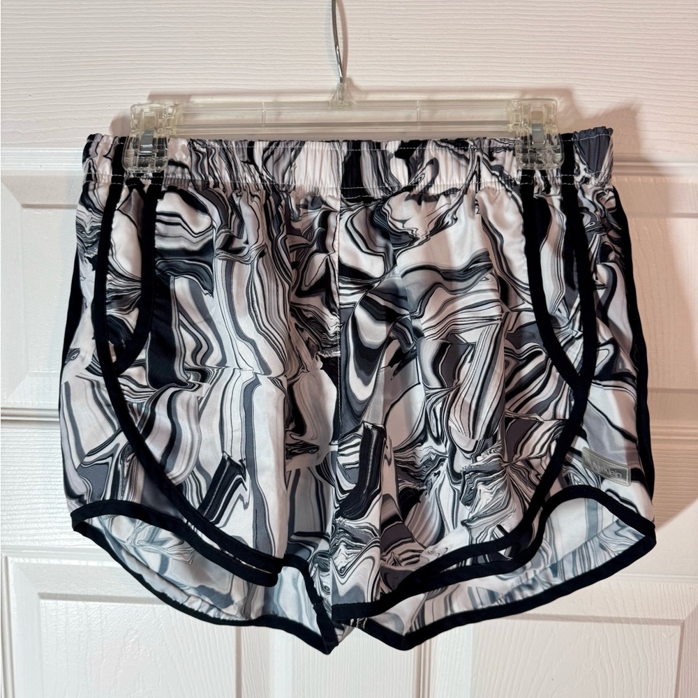 Women's Black and White Marble Print Athletic Shorts